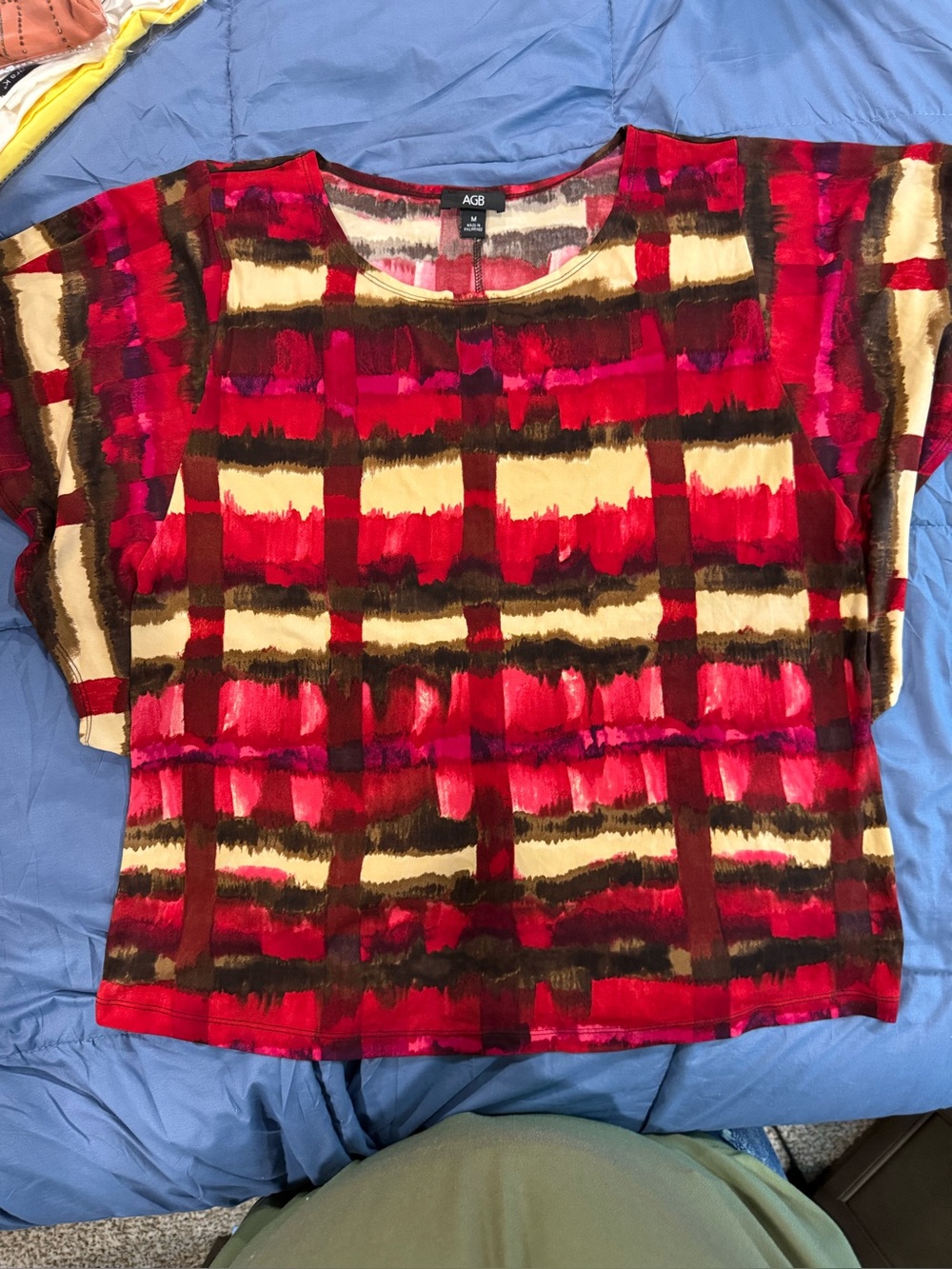 AGB Red, Cream & Brown Abstract Plaid Short Sleeve Top